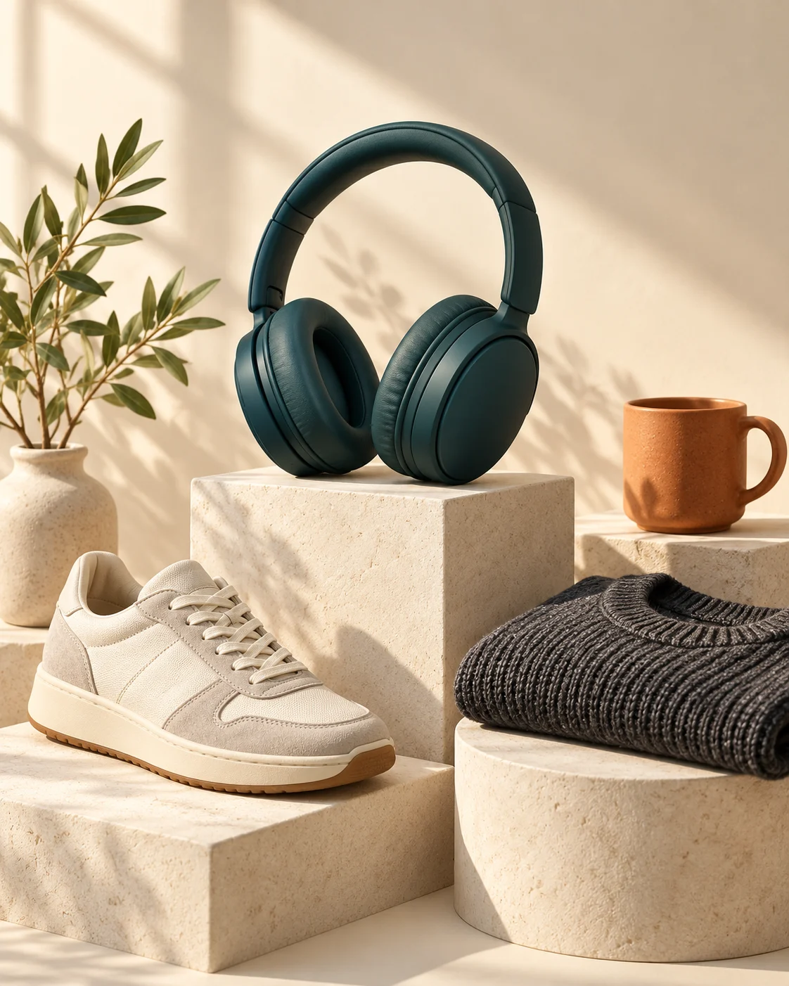 ShopOye lifestyle collection inspiration: a sneaker, headphones, a ceramic mug and an everyday knit on warm ivory plinths