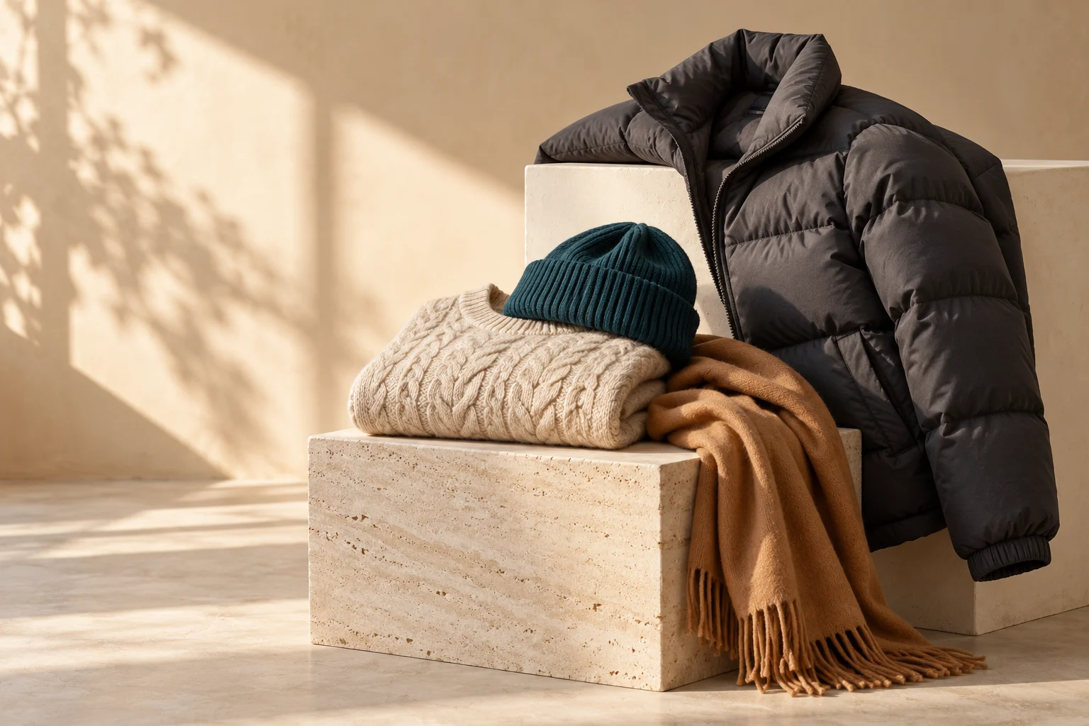 Winter collection inspiration with a puffer jacket, folded knit, teal beanie and scarf